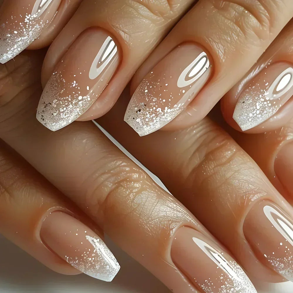24Pcs Short Square Press on Nails Gradient Glitter False Nails French Tip Lines Acrylic Nails Full Cover Wearable Fake Nail Tips