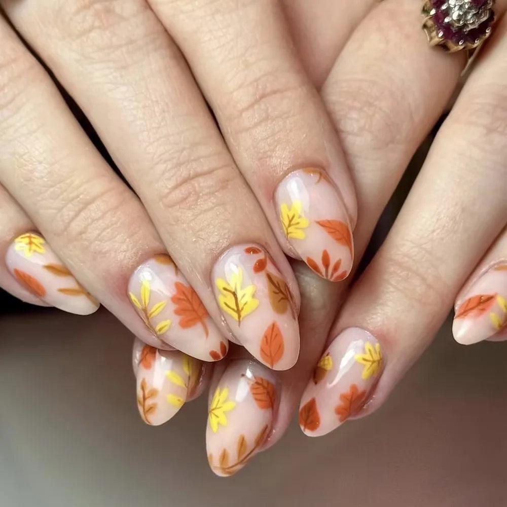 24pcs Autumn Maple Leaves Press on Nails Thanksgiving Day Gifts Fake Nail Patch Wearable Short Square Shiny False Nail Tips