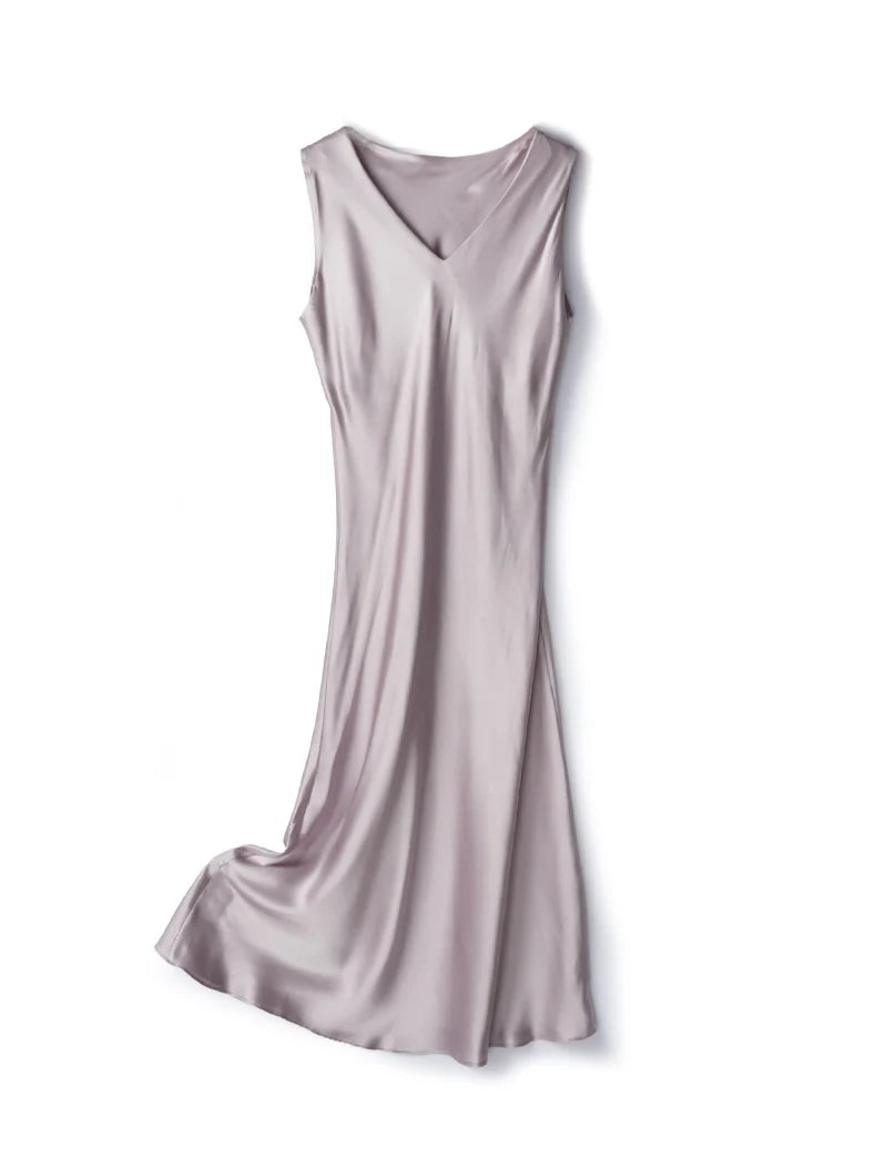 SuyaDream, Women Long Dresses, 100%Real Silk, V Neck, Sleeveless Tank Dress, 2024 Spring Summer Clothes, Green, Lavender