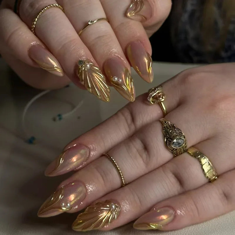 24Pcs Simple French Fake Nails with Almond Head Design Detachable 3D Irregular Star Pattern Press on False Nails Manicure Tools