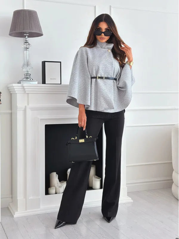Autumn Winter Women Single Buckle Batwing Sleeve Coat Elegant Lady Cloak Cape Woollen Tweed Poncho Thick Warm Loose Outwear