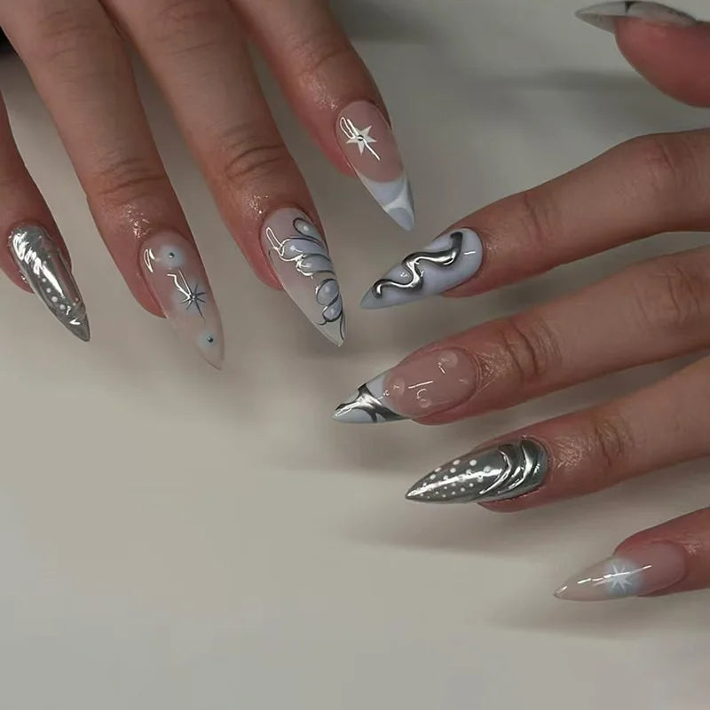 24Pcs Simple French Fake Nails with Almond Head Design Detachable 3D Irregular Star Pattern Press on False Nails Manicure Tools