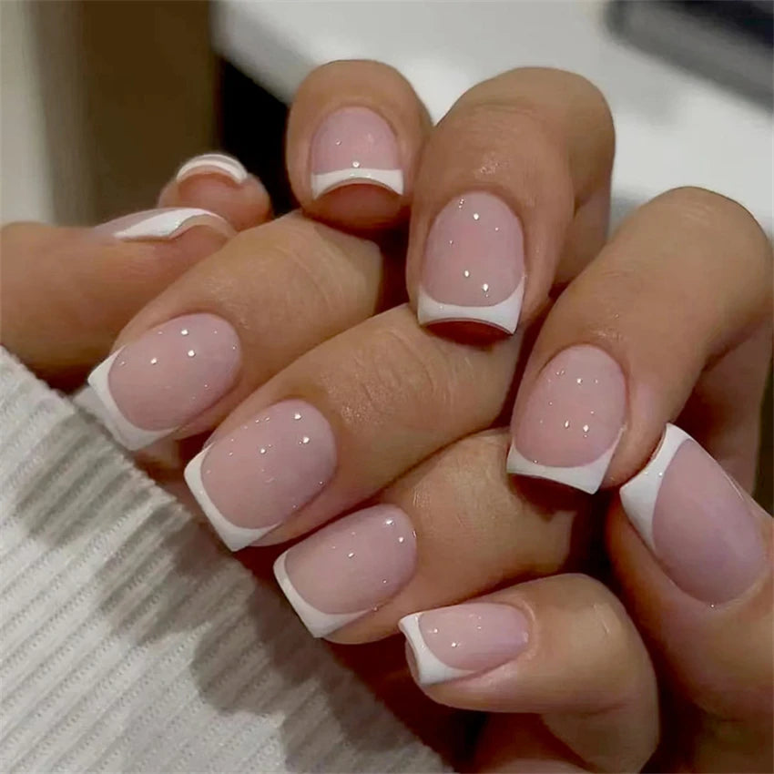 24Pcs White Ice Camellia Short False Nails Art Light Pink Sweet Girls Acrylic Press on Nails Full Cover Removable Fake Nail Set