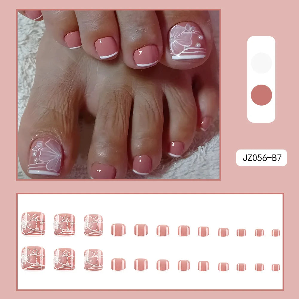 24 Pcs French Design Fake Toe Nail Press on Toe Nail Summer False Nails Acrylic Reusable Toe Nail Decorated Nails With Tool Kit