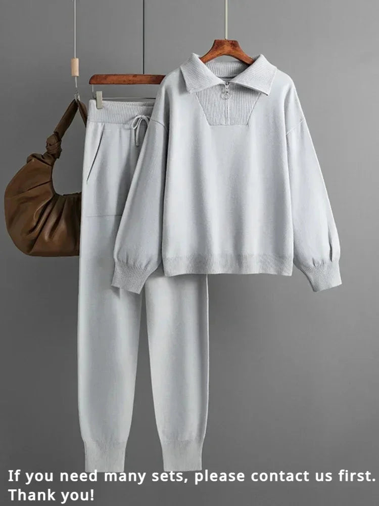 Winter Women's Knitted Suit Warm Pant 2 Piece Sets Women Outfit Trouser Oversized Casual Sweaters Jogging Knitwear Tracksuit