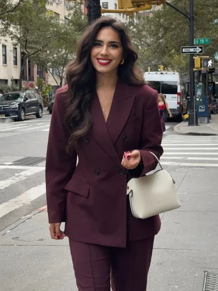 Wine Red Women's Blazer Coat Fashion Long Sleeve Lapel Double Breasted Female Coats 2024 Autumn Winter Slim Lady Outwear