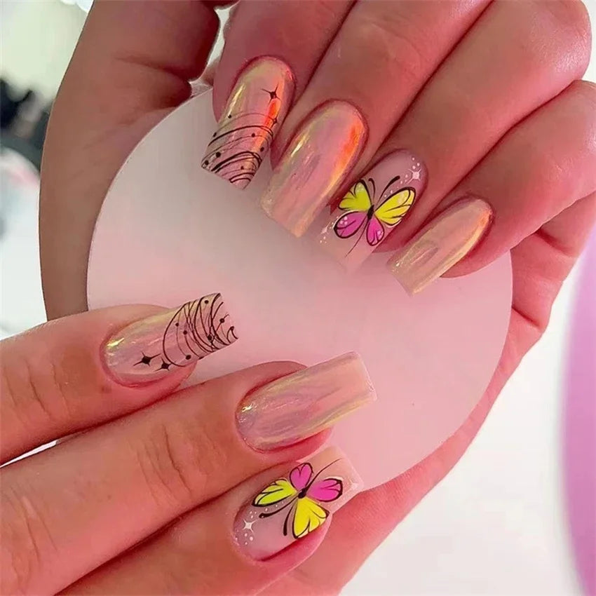 24Pcs Medium Long Acrylic Fake Nails Art Cool Spice Girls Wearing False Nails Set Press on Nail Tips Removable French Nails Fake
