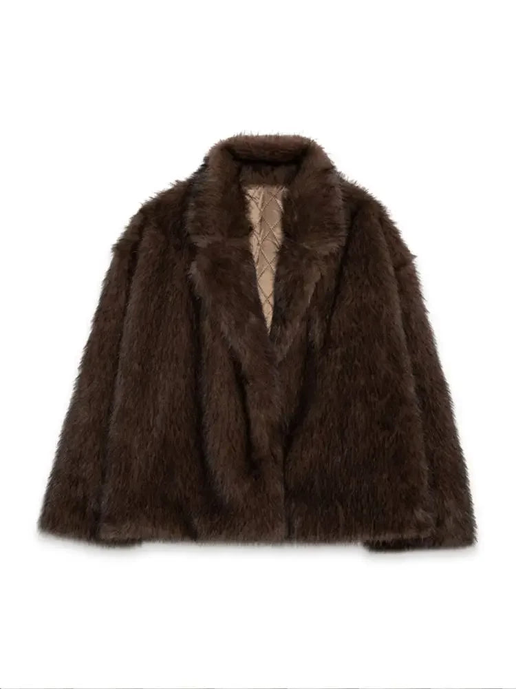 Women Fashion Faux Fur Solid Lapel Warm Jacket Chic Long Sleeve Cropped Street Coat 2024 New Winter Female Thick Brown Outerwear