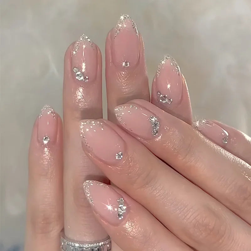 24Pcs French Gold Edge Wearable Almond Press on Fake Nails Simple Pearl Decoration False Nails with Glue Full Over Manicure Tips