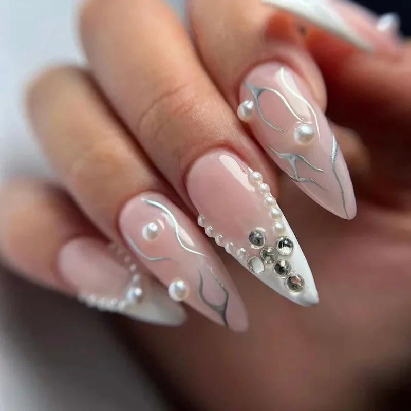 24Pcs French Gold Edge Wearable Almond Press on Fake Nails Simple Pearl Decoration False Nails with Glue Full Over Manicure Tips