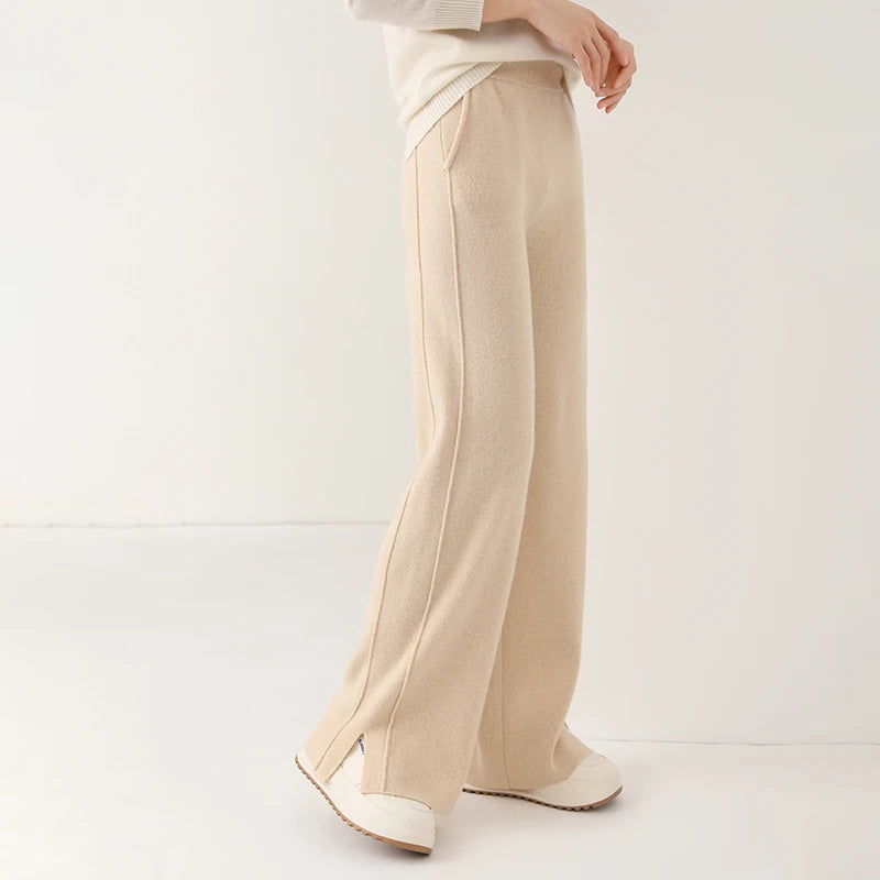2024 new wool women's pants, high waisted loose cashmere floor pants knitted fashionable hot selling women's wide leg pants