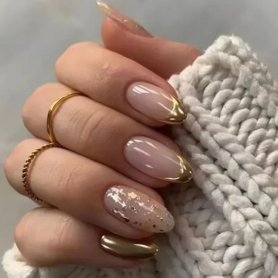 24Pcs French Gold Edge Wearable Almond Press on Fake Nails Simple Pearl Decoration False Nails with Glue Full Over Manicure Tips