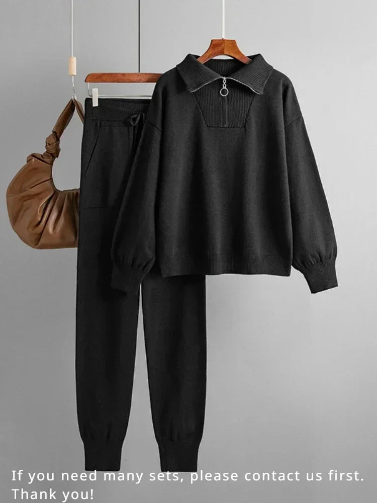 Winter Women's Knitted Suit Warm Pant 2 Piece Sets Women Outfit Trouser Oversized Casual Sweaters Jogging Knitwear Tracksuit