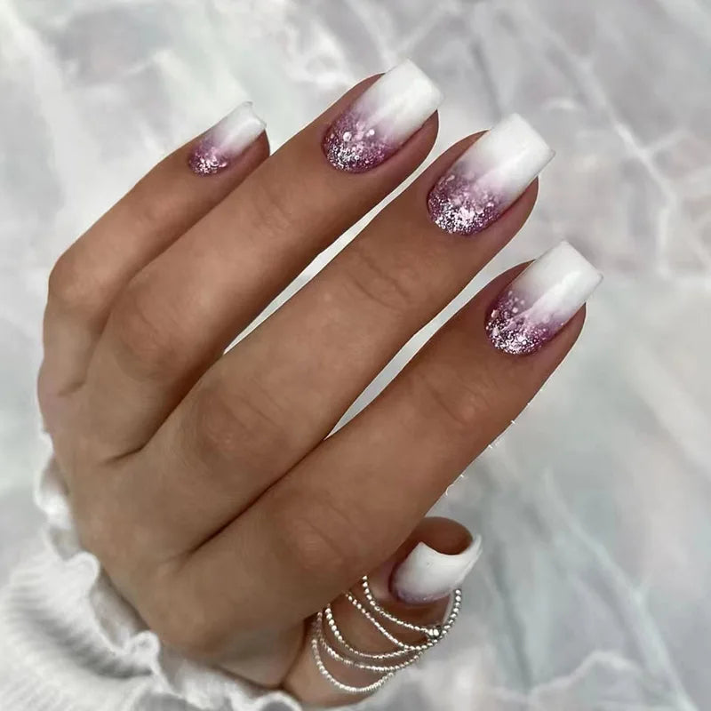 24Pcs White Ice Camellia Short False Nails Art Light Pink Sweet Girls Acrylic Press on Nails Full Cover Removable Fake Nail Set
