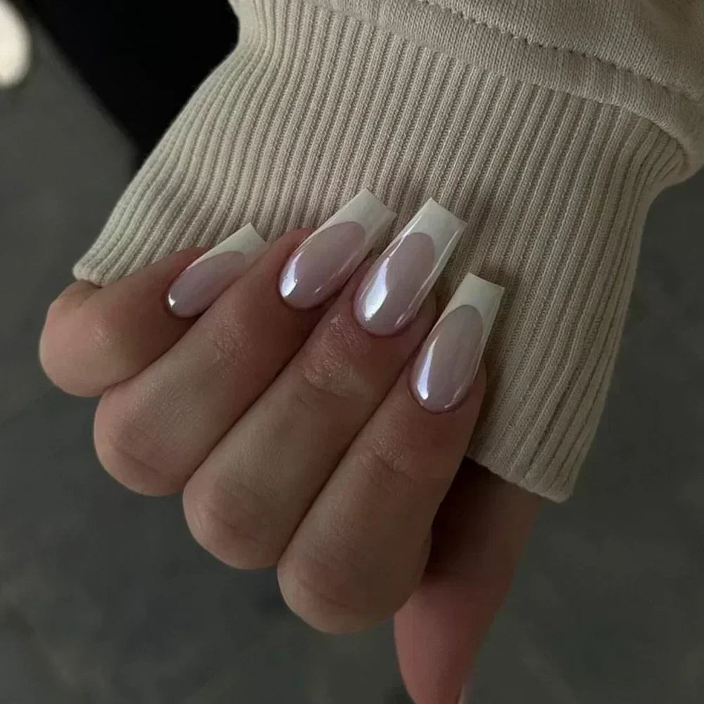 24Pcs French Tip Press on Nails Short Coffin False Nails Simple Wearable Fake Nails Frosted Full Cover Press on Nail Tips Art
