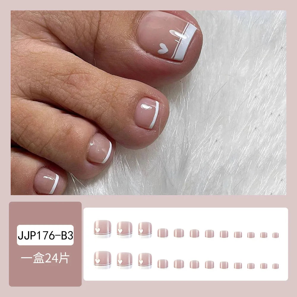 24 Pcs French Design Fake Toe Nail Press on Toe Nail Summer False Nails Acrylic Reusable Toe Nail Decorated Nails With Tool Kit