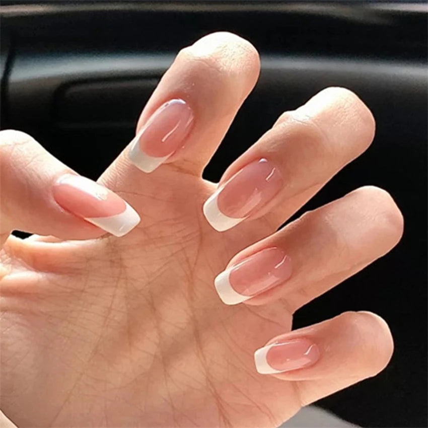 24Pcs White Ice Camellia Short False Nails Art Light Pink Sweet Girls Acrylic Press on Nails Full Cover Removable Fake Nail Set