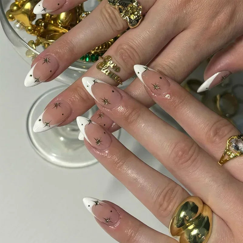 24Pcs French Gold Edge Wearable Almond Press on Fake Nails Simple Pearl Decoration False Nails with Glue Full Over Manicure Tips