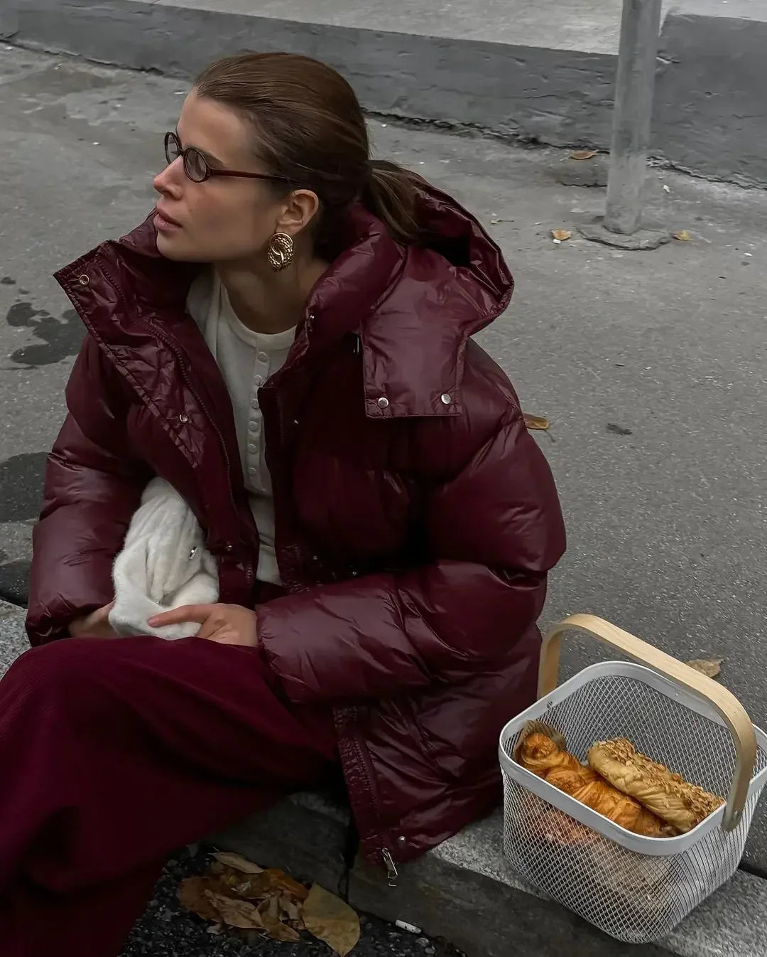 2024 Winter Solid Drawstring Quilted Cotton Coat Fashion Stand Collar Hooded Warm Jacket Lady New Thicken Casual Streetwear