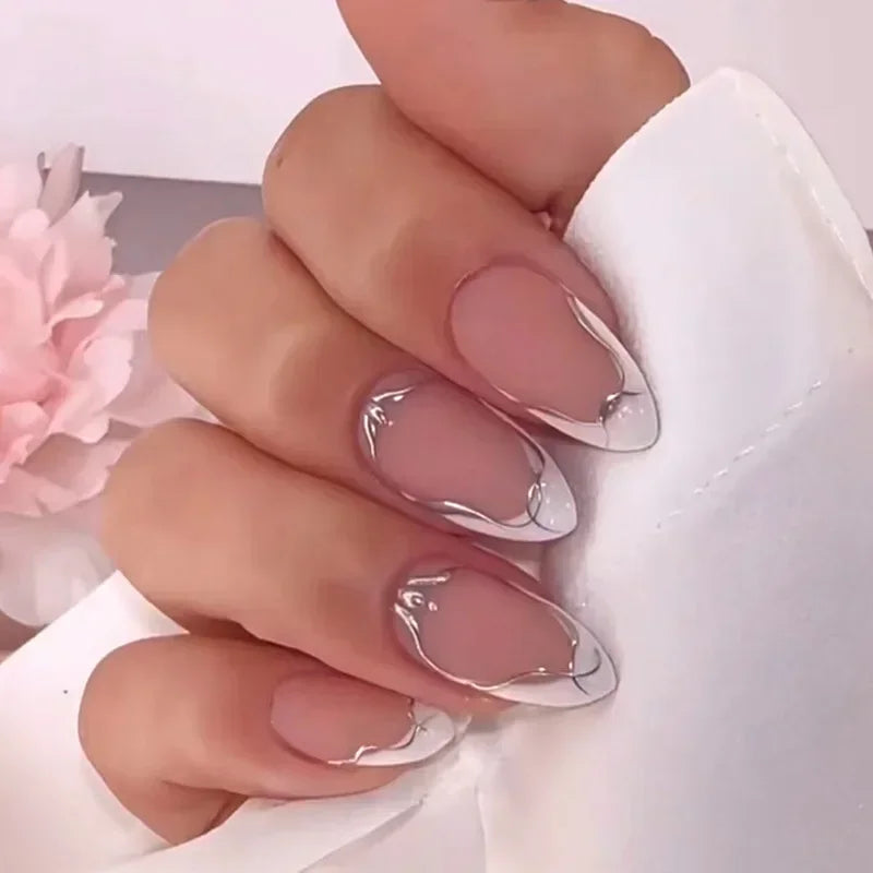 24Pcs French Gold Edge Wearable Almond Press on Fake Nails Simple Pearl Decoration False Nails with Glue Full Over Manicure Tips