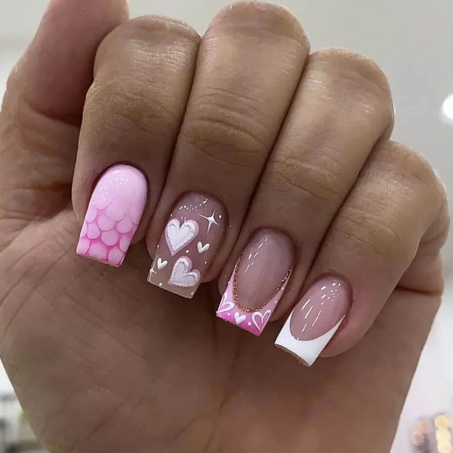 24Pcs Short Square Press on Nails Gradient Glitter False Nails French Tip Lines Acrylic Nails Full Cover Wearable Fake Nail Tips