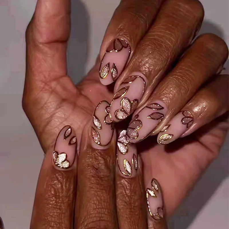 24Pcs Simple French Fake Nails with Almond Head Design Detachable 3D Irregular Star Pattern Press on False Nails Manicure Tools