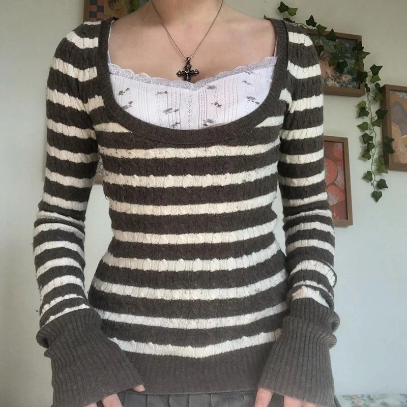 Y2K Grunge Emo 00s Vintage T Shirt Black Grey Striped V Neck Long Sleeve Jumper Tops Chic Women Autumn Retro Mall Goth Tees