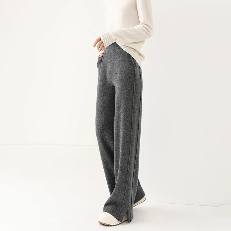 2024 new wool women's pants, high waisted loose cashmere floor pants knitted fashionable hot selling women's wide leg pants