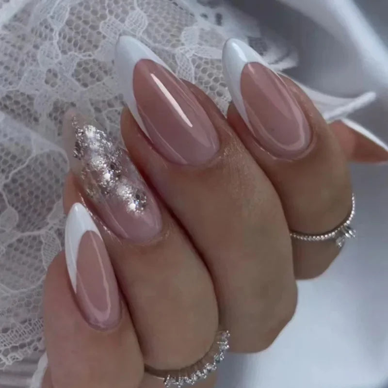 24Pcs French Gold Edge Wearable Almond Press on Fake Nails Simple Pearl Decoration False Nails with Glue Full Over Manicure Tips