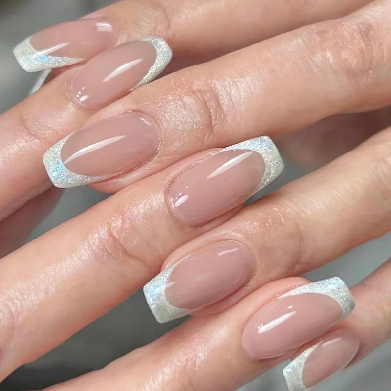 24pcs French Simple Fake Nails Ins White Edge Nude Color False Nail Tips Almond Stick on Nail Patch for Girl Lady Manicure Tools