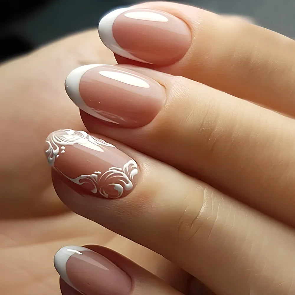 24Pcs French Gold Edge Wearable Almond Press on Fake Nails Simple Pearl Decoration False Nails with Glue Full Over Manicure Tips