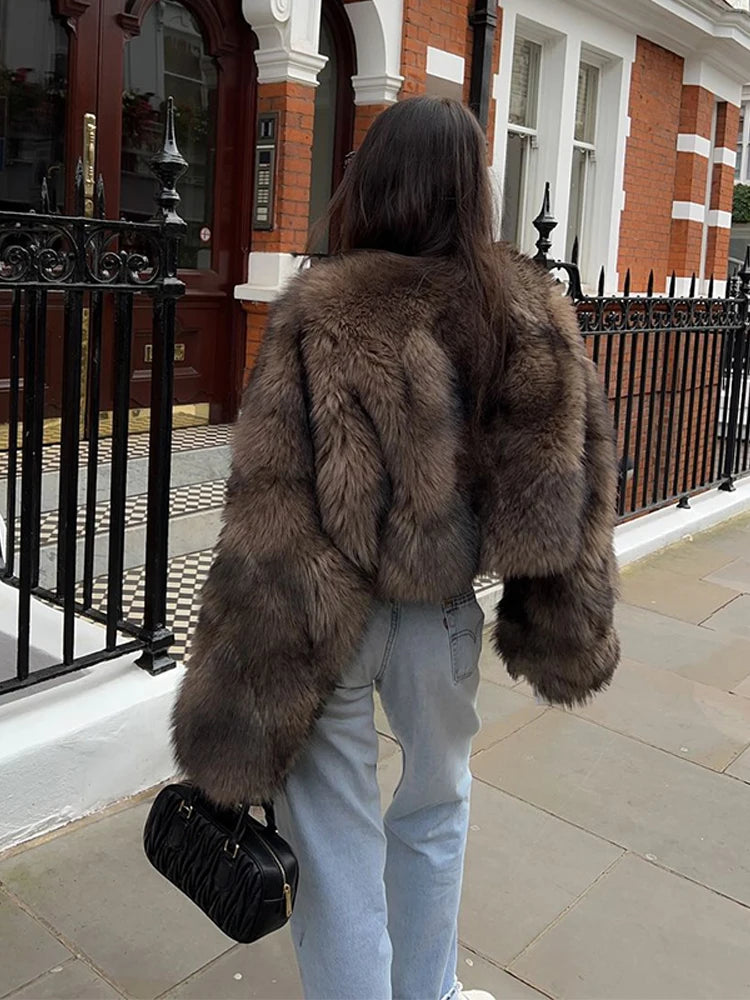 2024 Vintage Faux Fur Short Coats Women Retro Thick Large Cuffs Solid Fur Coat Female Winter Warm Lady Chic High Street Outwear
