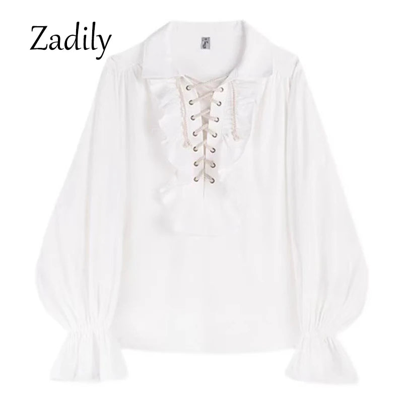 2024 Women's Pirate Shirt Vampire Prince Poet Shirts Medieval Buccaneer Frills Lace Up Renaissance Vintage Gothic Blouse Tops
