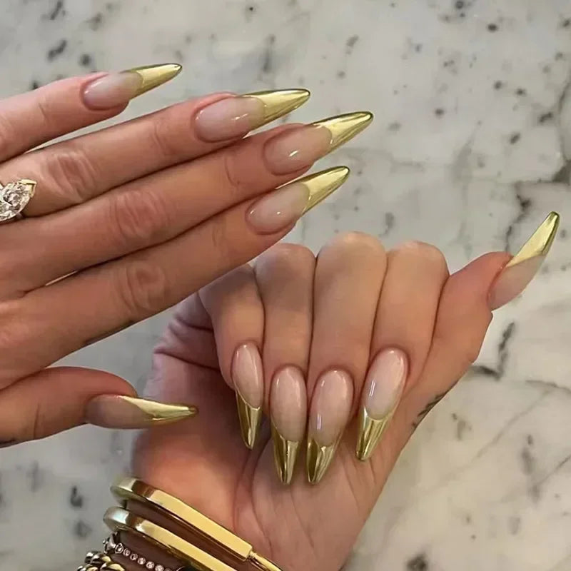 24Pcs French Gold Edge Wearable Almond Press on Fake Nails Simple Pearl Decoration False Nails with Glue Full Over Manicure Tips