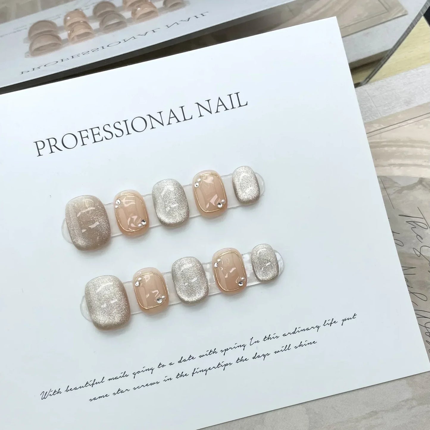 10PCS Pink Cat Eye Handmade Press On Nails Square Head Fake Nails Diamond Designs Full Cover Nail Art Tips Wearable False Nails