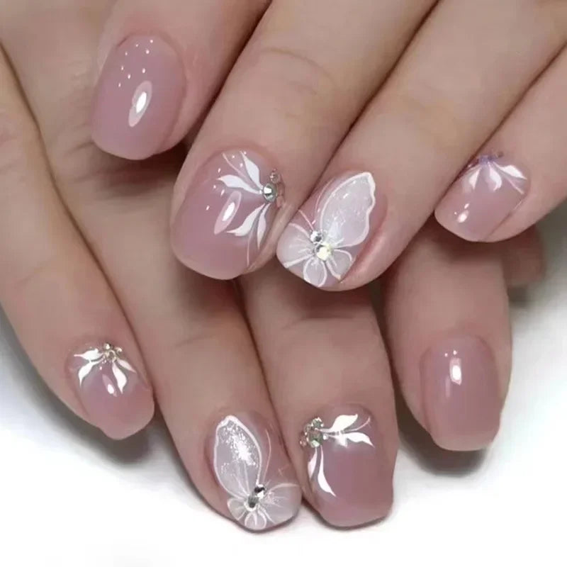 24Pcs Short Retro Flower Design Nails Art Manicure Pink False Nails Wearable Square Fake Nails Press on Full Cover Nail Tips