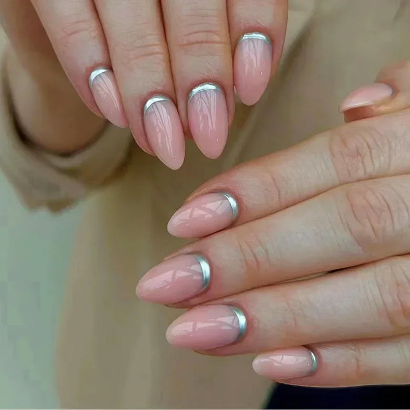 24Pcs French Gold Edge Wearable Almond Press on Fake Nails Simple Pearl Decoration False Nails with Glue Full Over Manicure Tips
