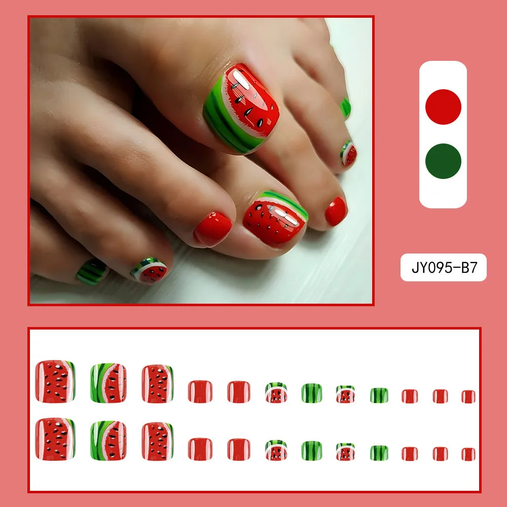 24 Pcs French Design Fake Toe Nail Press on Toe Nail Summer False Nails Acrylic Reusable Toe Nail Decorated Nails With Tool Kit