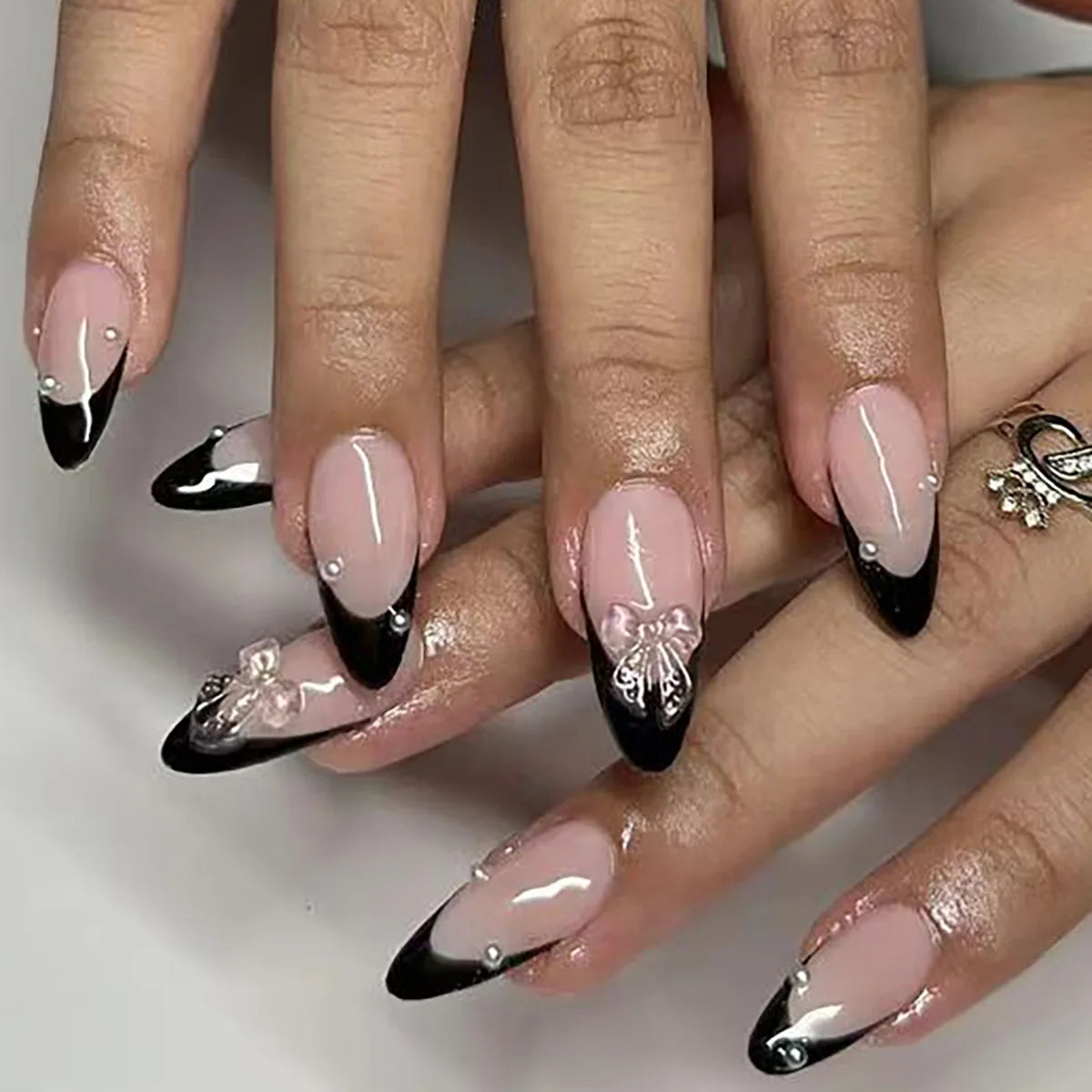 24Pcs Simple French Fake Nails with Almond Head Design Detachable 3D Irregular Star Pattern Press on False Nails Manicure Tools