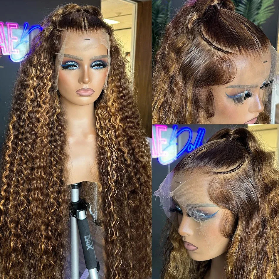 250 Density 30 Inch Highlight Honey Brown Curly HD Lace Front Human Hair Wigs 13x4 13x6 Ombre Color Deep Water Wave Frontal Wigs
