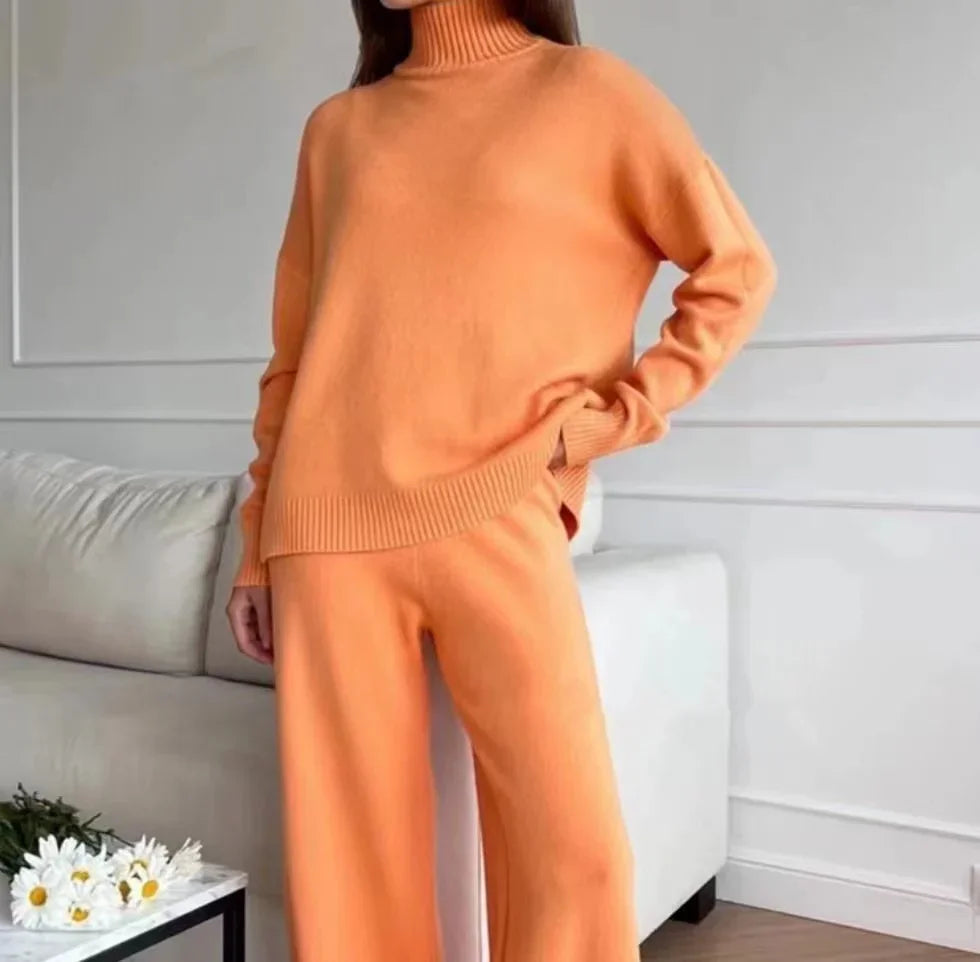 2024 Autumn Winter Casual Loose Knit Sweater Two-Piece Set Fashion Solid Turtleneck Long Sleeve Pullover Sweater Straight Pants
