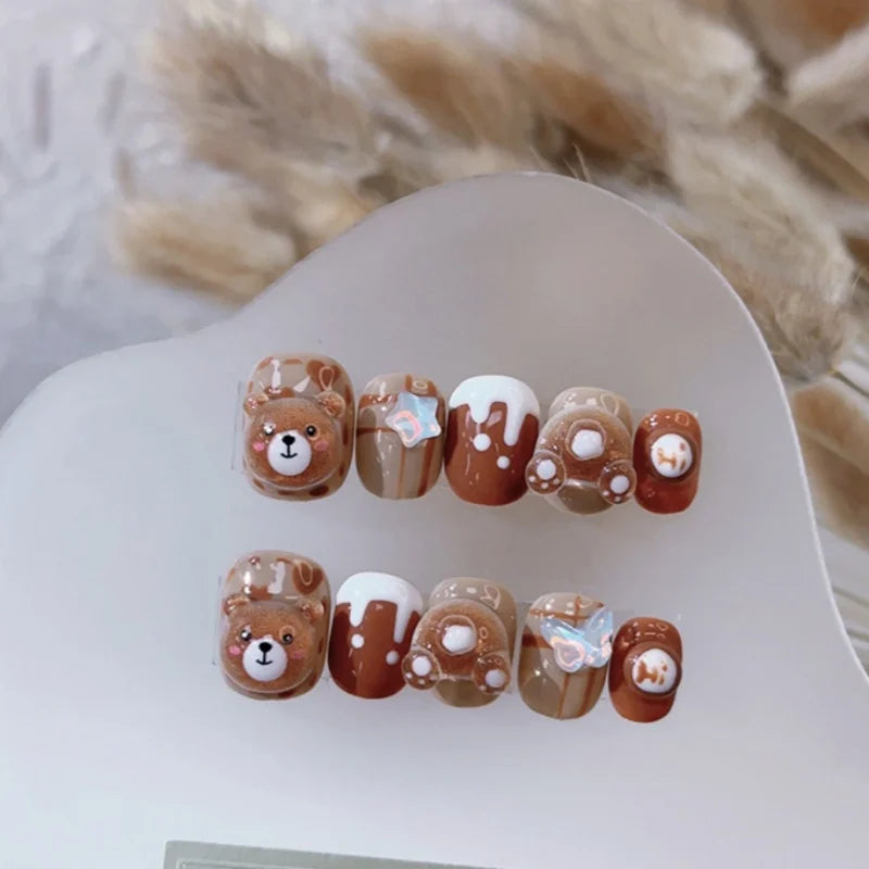10Pcs Brown Handmade Press on Nails Short Square Chocolate Bear Design Nail Tips Cute Acrylic False Nail for Women/Girls Autumn