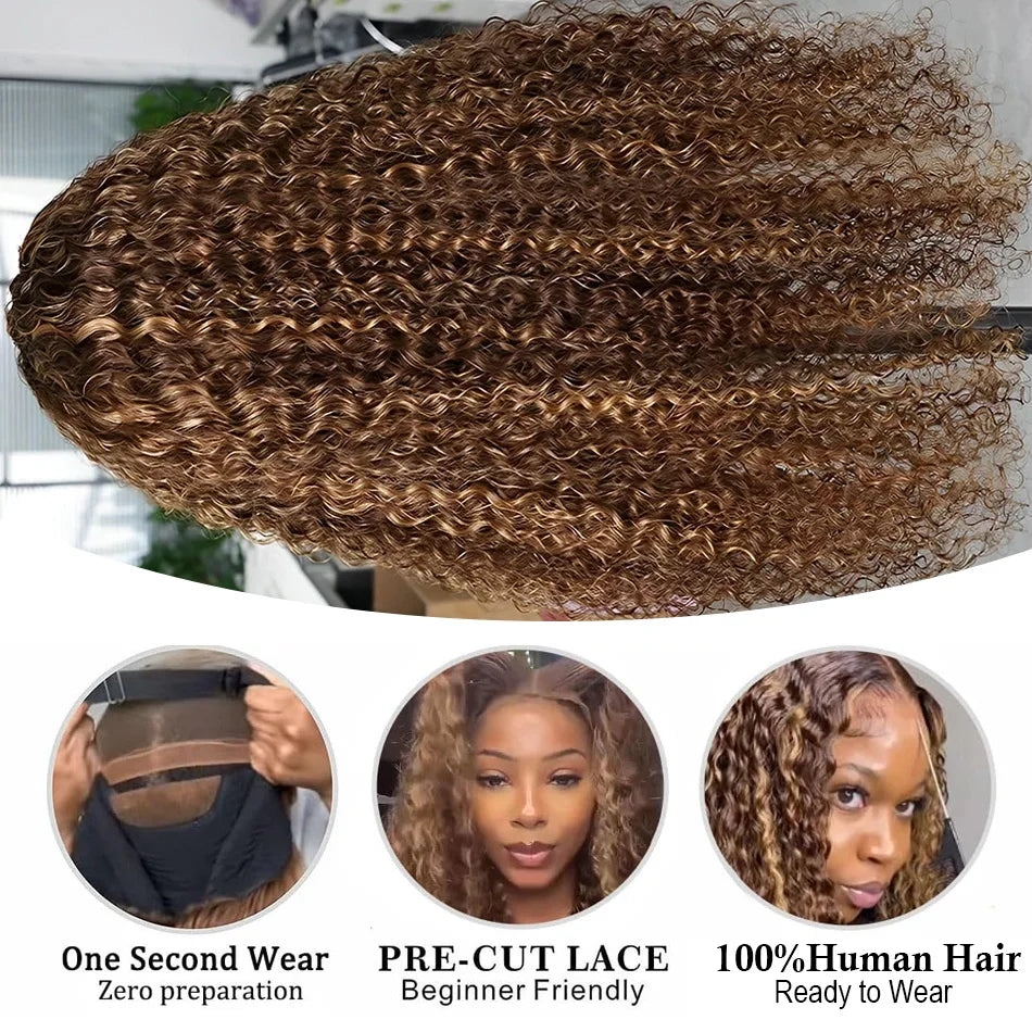 250 Density 30 Inch Highlight Honey Brown Curly HD Lace Front Human Hair Wigs 13x4 13x6 Ombre Color Deep Water Wave Frontal Wigs