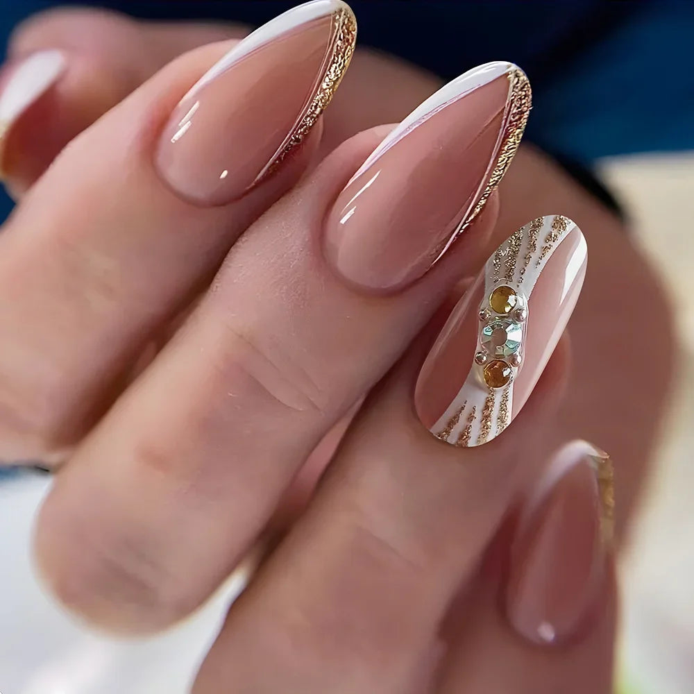 24Pcs French Gold Edge Wearable Almond Press on Fake Nails Simple Pearl Decoration False Nails with Glue Full Over Manicure Tips