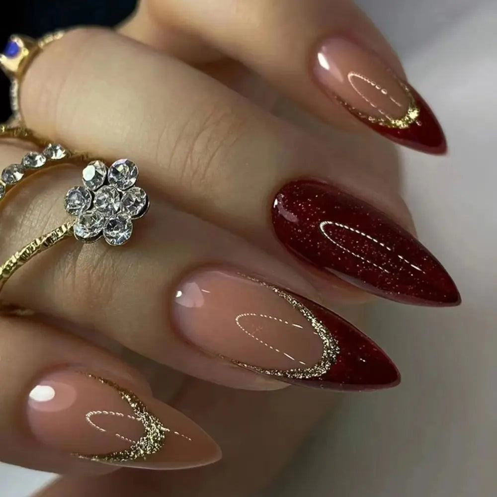 24Pcs Detachable Acrylic False Nails Press On Nail Cute Cherry French Almond Wearable Artificial Fake Nails Full Cover Nail Tips