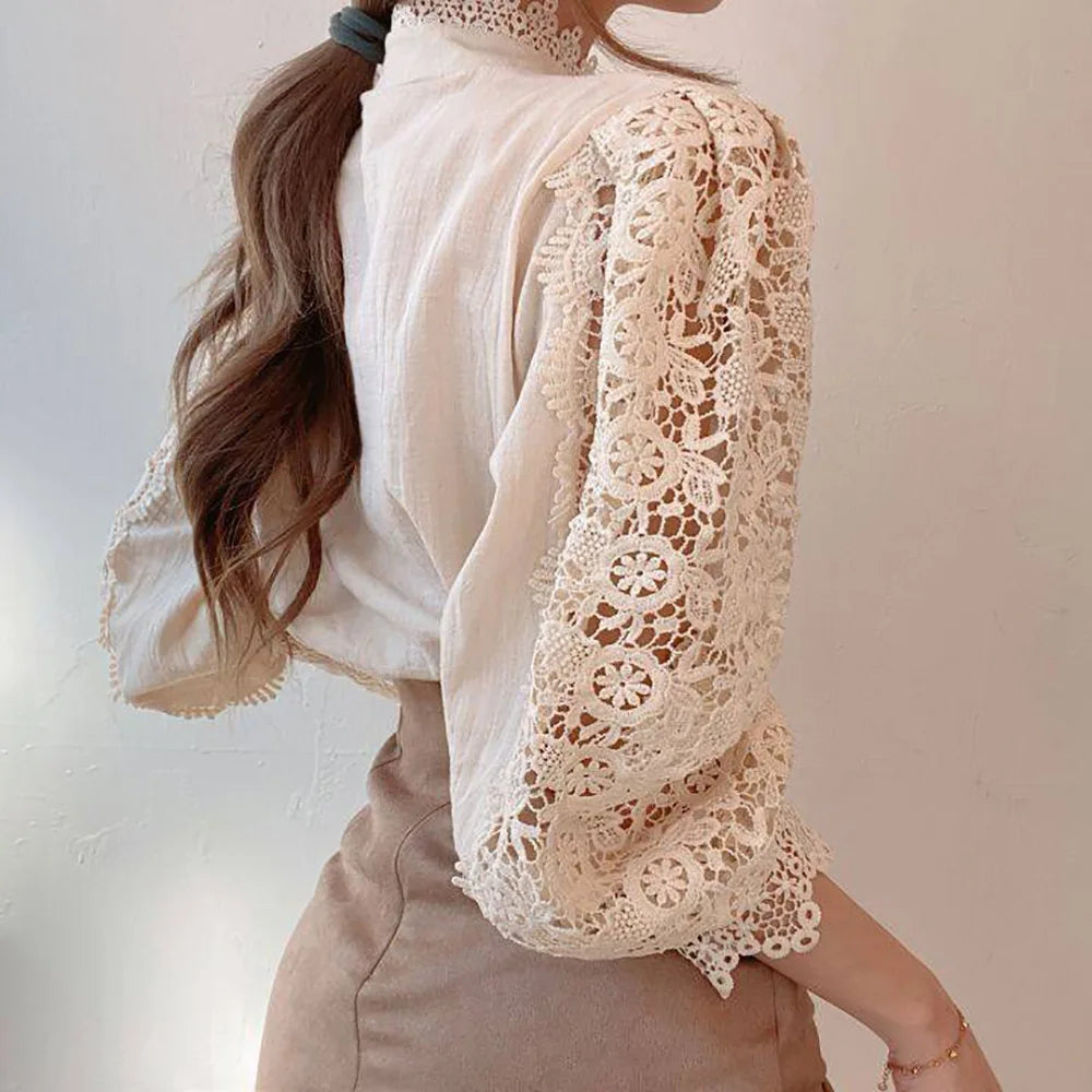 Autumn Elegant Lace Office Shirt Women's Blouse Long Sleeve Button Up Blouses Tops 2023 Spring Fashion Casual Ladies Shirts Top