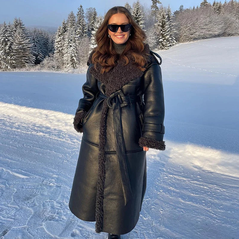 Faux Fur Leather Long Jacket Women Lapel Long Sleeve Belt Thicken Female Coats 2024 Winter Fashion Street Patchwork Lady Outwear