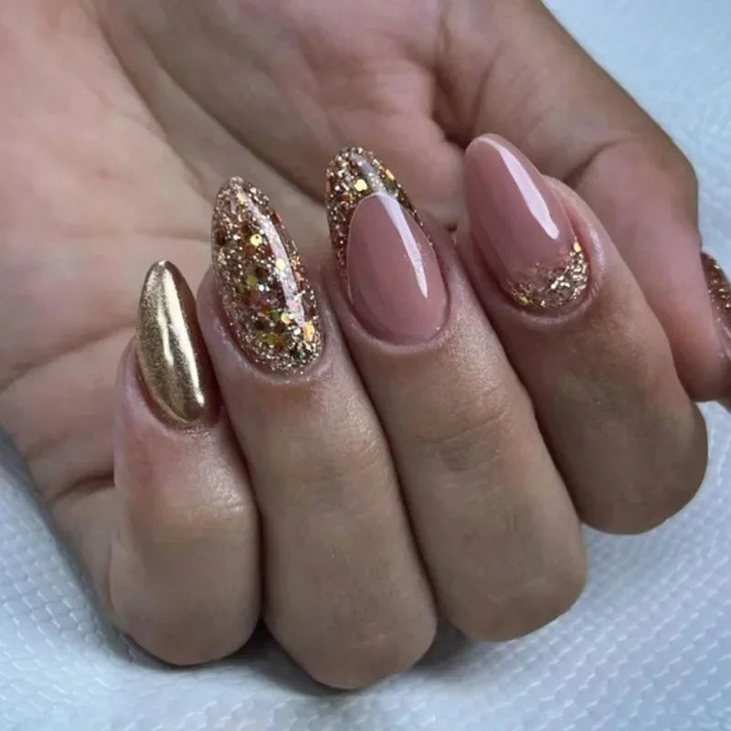 24Pcs French Gold Edge Wearable Almond Press on Fake Nails Simple Pearl Decoration False Nails with Glue Full Over Manicure Tips