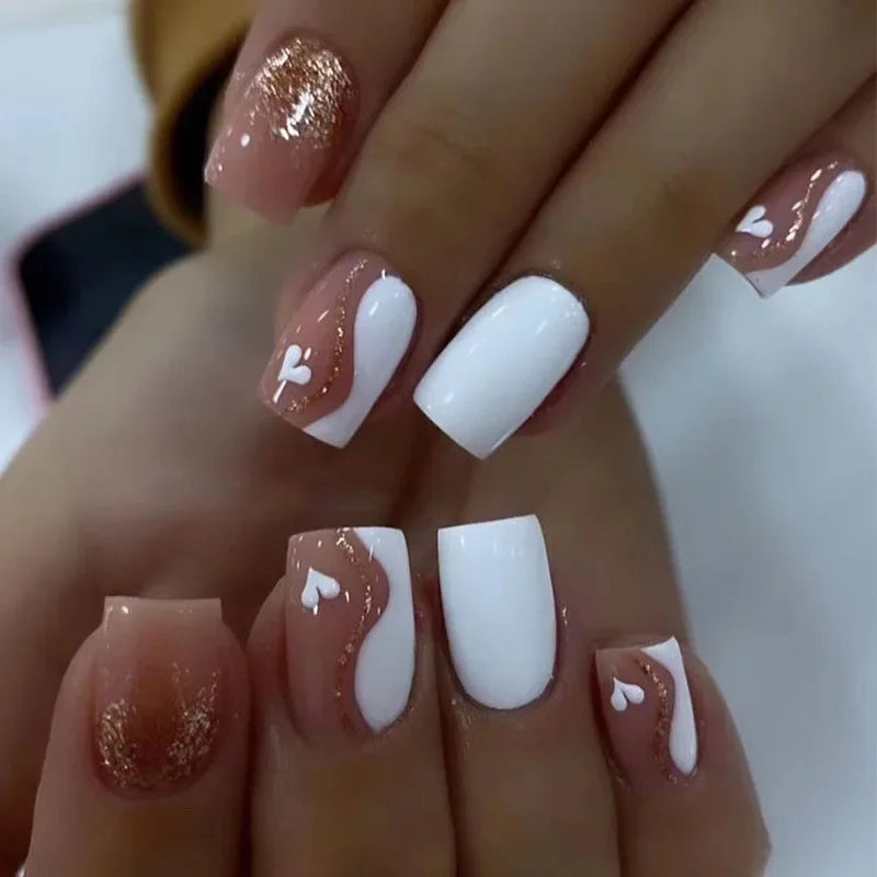 24Pcs Short Square Press on Nails Gradient Glitter False Nails French Tip Lines Acrylic Nails Full Cover Wearable Fake Nail Tips