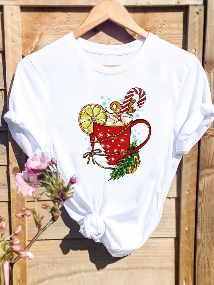 Merry Christmas New Year Holiday Graphic T Tee Fashion Cat Tree Lovely 90s Cute 2025 Print T Top Women Shirt Clothing T-shirts